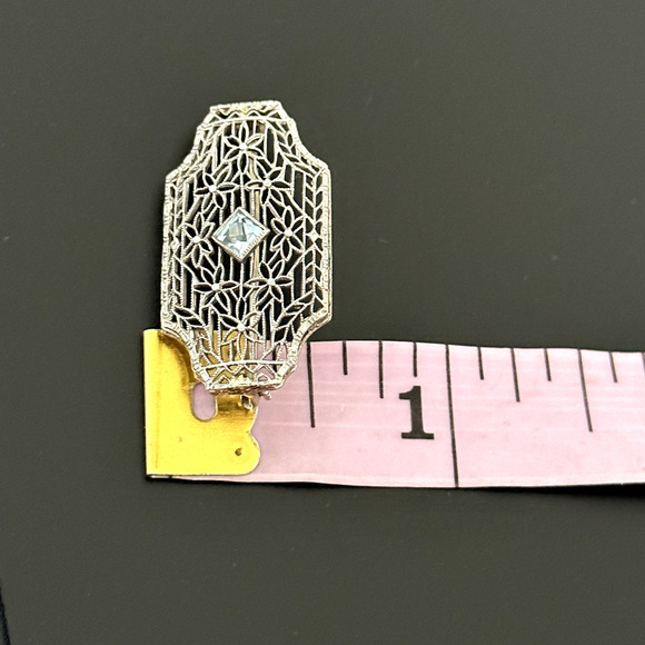Antique 14K Solid White Gold Aquamarine Intricate Floral Detail Bar Brooch Pin - Picture 8 of 10